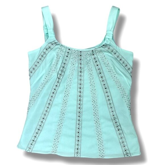 White House Black Market Embellished Embroidery Rhinestone Tank Top Teal Small - Picture 10 of 16